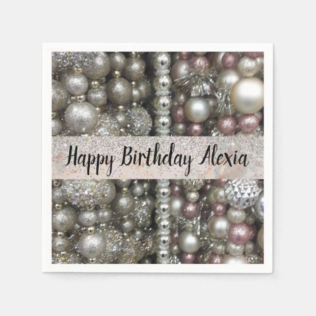 Silver Pink Beads Glitzer Geburtstag Personalisier Serviette (Vorderseite)