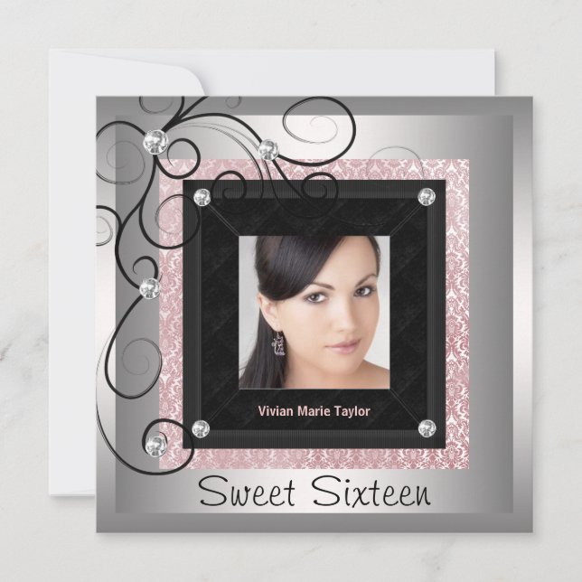 Silver Pink Black Damask Foto Sweet 16 Party Einladung (Vorderseite)