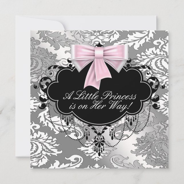 Silver Pink Black Princess Baby Girl Dusche Einladung (Vorderseite)