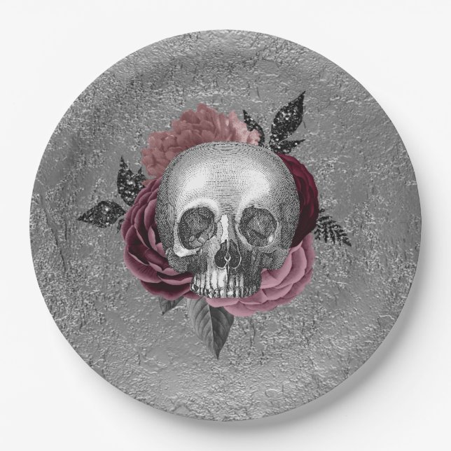Silver Pink Black Skull Head Hochzeit Pappteller (Vorderseite)