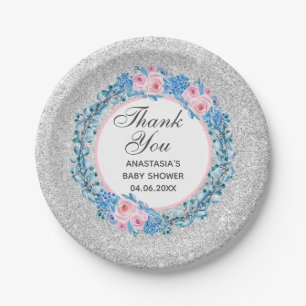 Silver Pink Blue Floral Rose Danke Baby Dusche Pappteller