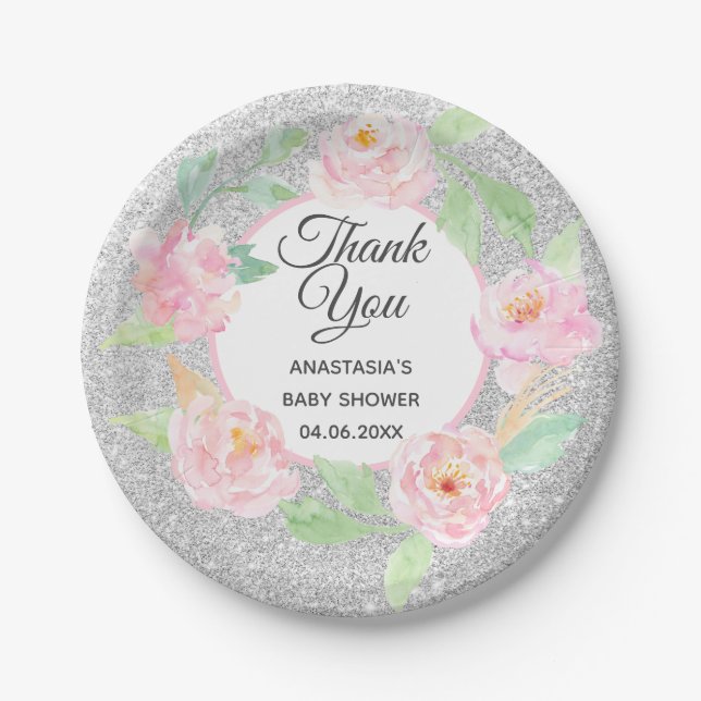 Silver & Pink Blumenstrauß Danke Baby Dusche Pappteller (Vorderseite)