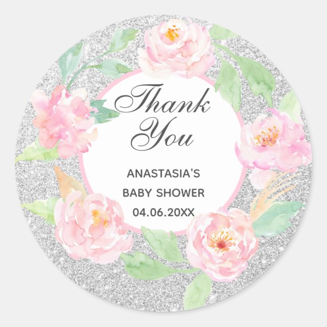 Silver & Pink Blumenstrauß Danke Baby Dusche Runder Aufkleber (Vorderseite)