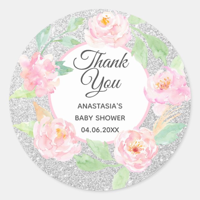 Silver & Pink Blumenstrauß Danke Baby Dusche Runder Aufkleber (Vorderseite)