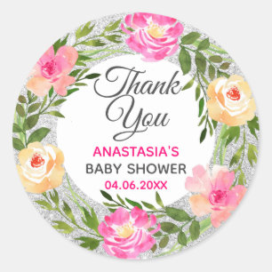 Silver & Pink Blumenstrauß Danke Baby Dusche Runder Aufkleber