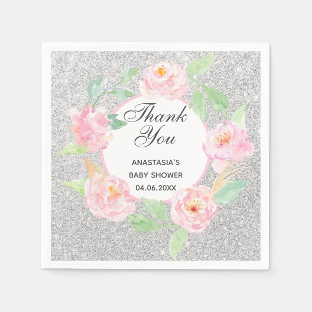 Silver & Pink Blumenstrauß Danke Baby Dusche Serviette (Vorderseite)