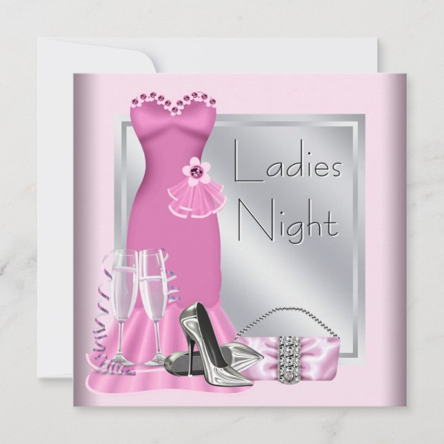 Silver Pink Champagne Pink Ladys Night Einladung (Vorderseite)