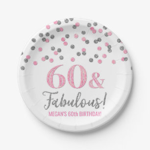 Silver Pink Confetti 60 und fabulous Geburtstag Pappteller