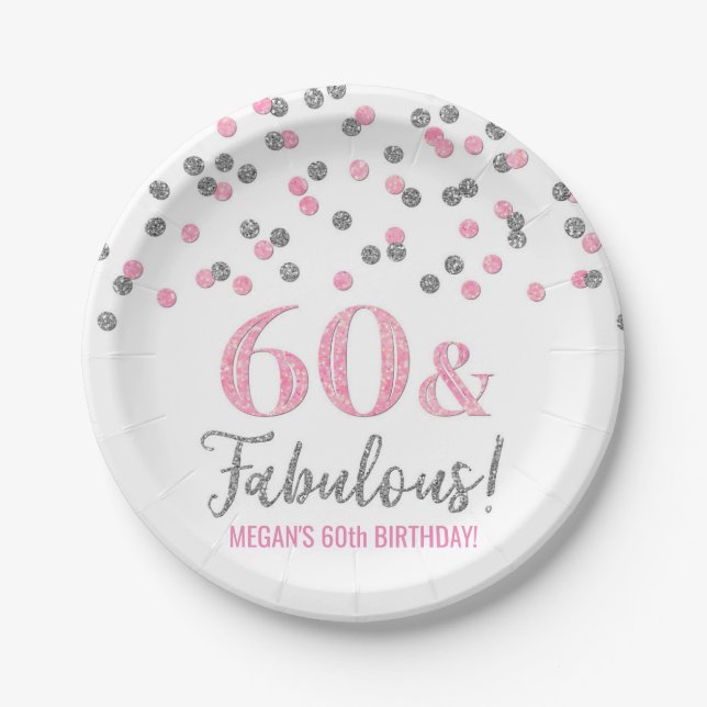 Silver Pink Confetti 60 und fabulous Geburtstag Pappteller (Vorderseite)