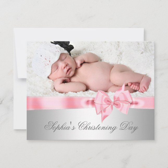 Silver Pink Damask Bow Girl Foto Christening Einladung (Vorderseite)