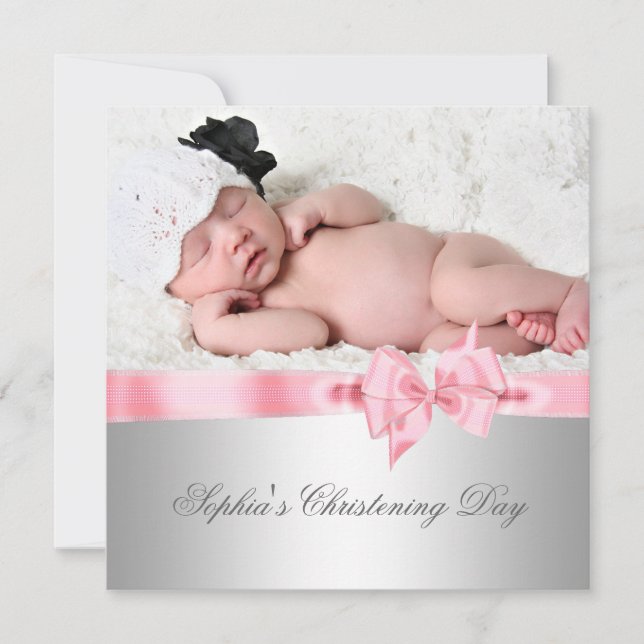 Silver Pink Damask Bow Girl Foto Christening Einladung (Vorderseite)