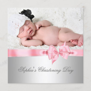 Silver Pink Damask Bow Girl Foto Christening Einladung