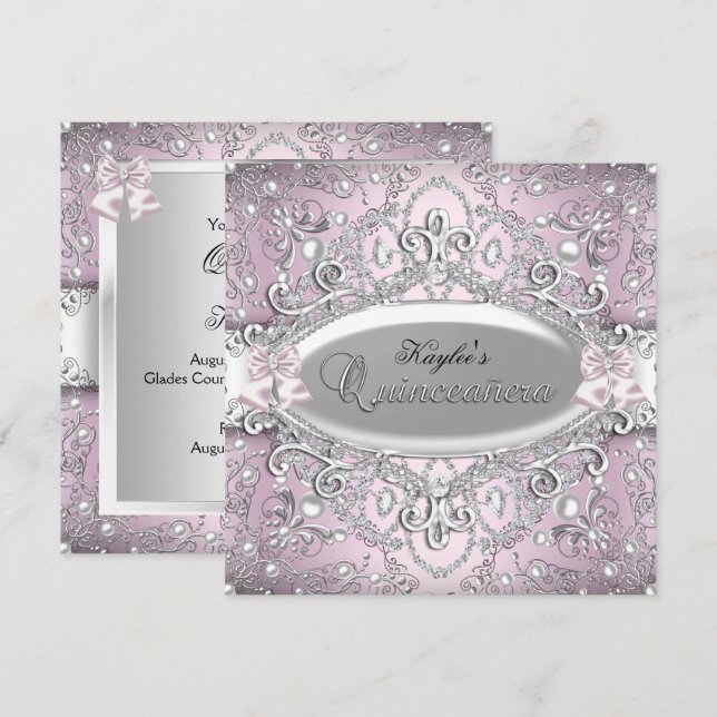 Silver & Pink Damask Pearl Quinceanera Einladung (Vorne/Hinten)