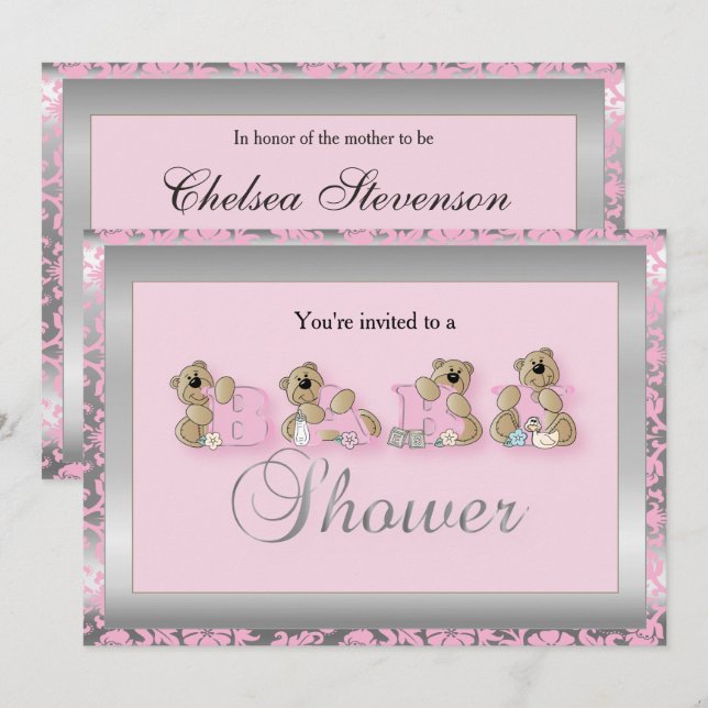Silver & Pink Damask Teddy Bears | Babyparty Einladung (Vorne/Hinten)