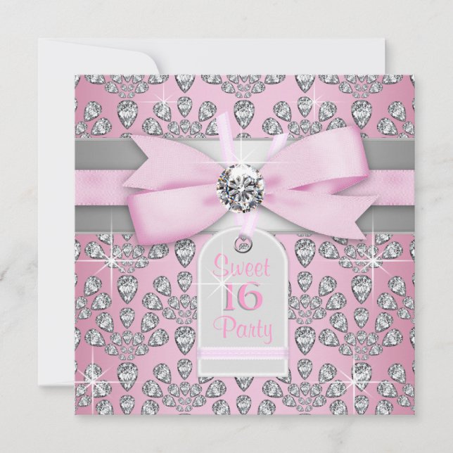 Silver Pink Diamond Pink & Gray Sweet 16 Geburtsta Einladung (Vorderseite)