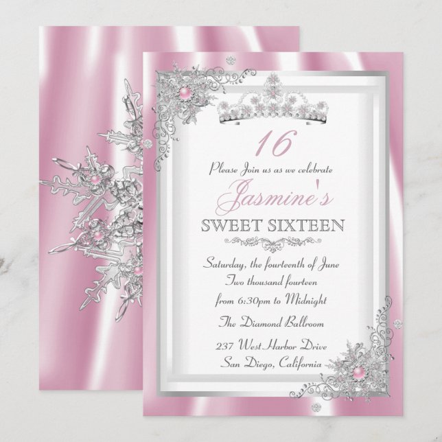 Silver Pink Diamond Snowflake Tiara Sweet 16 Einladung (Vorne/Hinten)