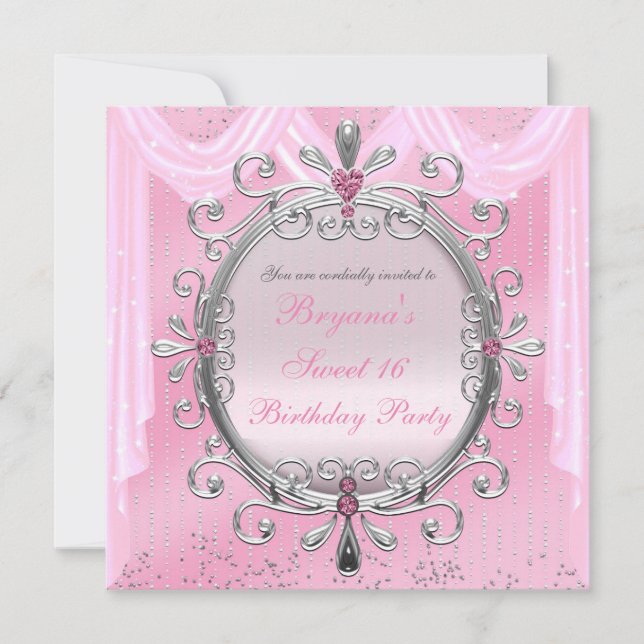 Silver Pink Extravagante Rahmen Sweet 16 Party Ein Einladung (Vorderseite)