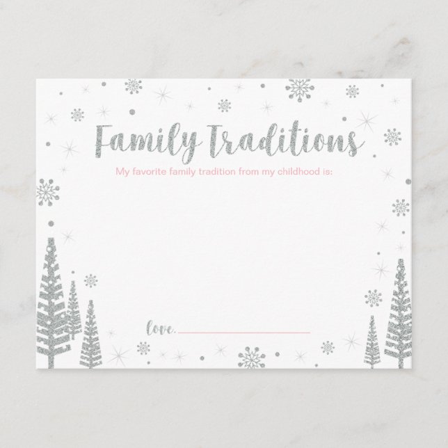 Silver & Pink | Family Traditions Baby Shower Game Hinweiskarte (Vorderseite)