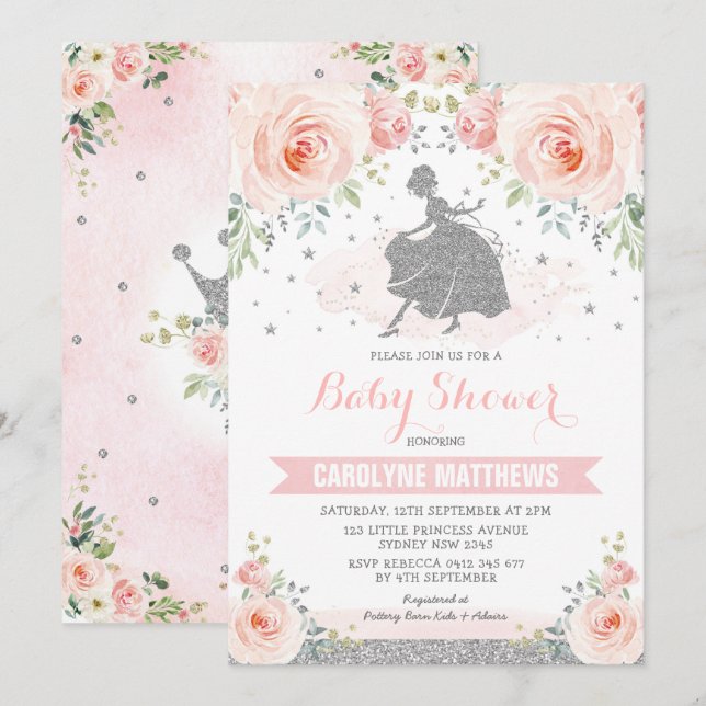 Silver Pink Floral Aschenputtel Princess Baby Dusc Einladung (Vorne/Hinten)