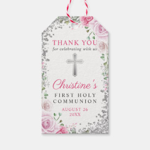 Silver Pink Floral Erste heilige Kommune Vielen Da Geschenkanhänger