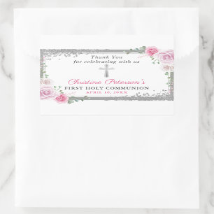 Silver Pink Floral Erste heilige Kommune Vielen Da Rechteckiger Aufkleber