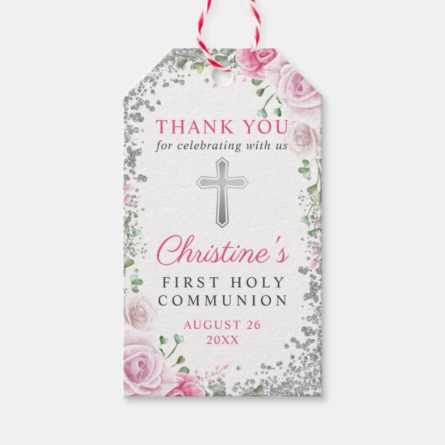 Silver Pink Floral First Heilige Kommune Vielen Da Geschenkanhänger (Vorderseite)