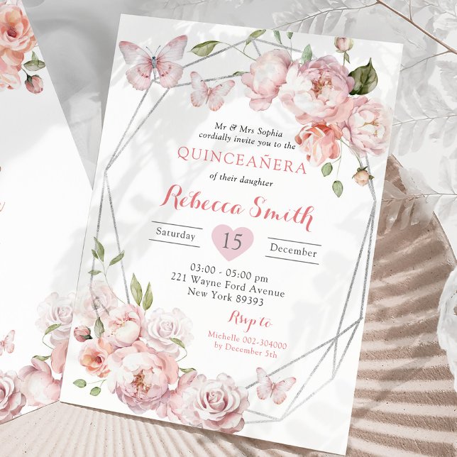 Silver Pink Floral Mexican Girl Sweet 16 Geburtsta Einladung (Von Creator hochgeladen)
