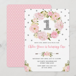Silver Pink Floral Premier Invitation de fête d'an