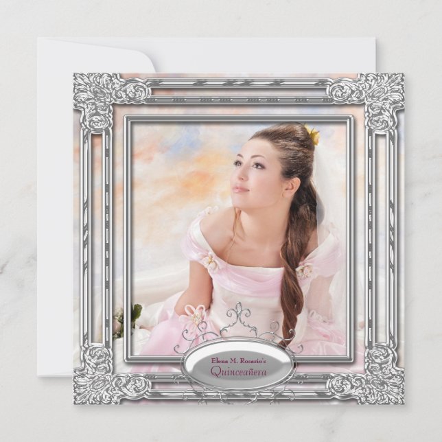 Silver Pink Foto Quinceanera Einladung (Vorderseite)