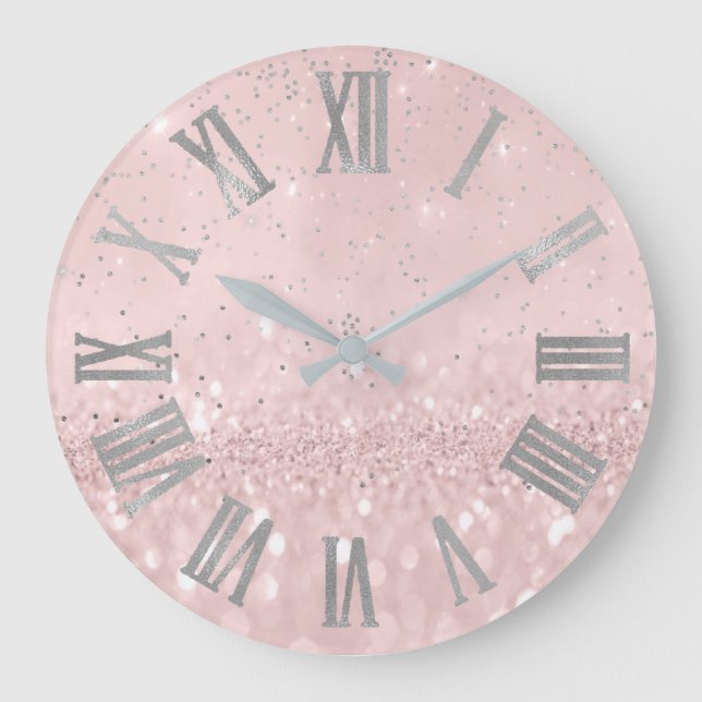 Silver Pink Glitter Cpnfetti Metallic Roman Numers Große Wanduhr (Vorderseite)