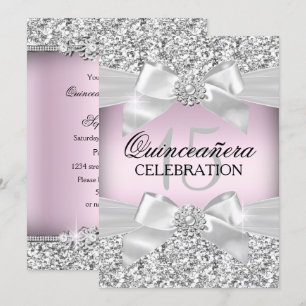 Silver Pink Glitzer & Jewel Bow Quinceanera Einlad Einladung