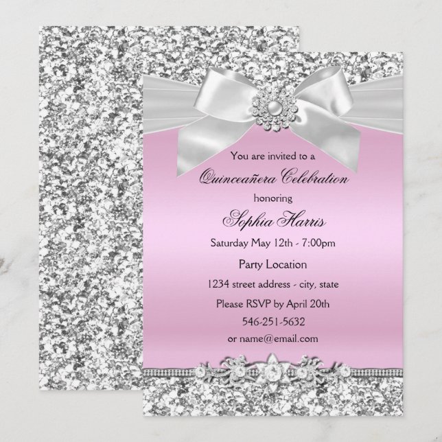 Silver Pink Glitzer Jewel Bow Quinceanera Geburtst Einladung (Vorne/Hinten)