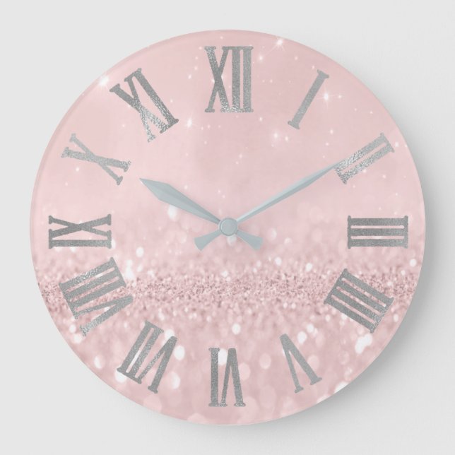 Silver Pink Glitzer Minimal Metallic römische Zahl Große Wanduhr (Vorderseite)