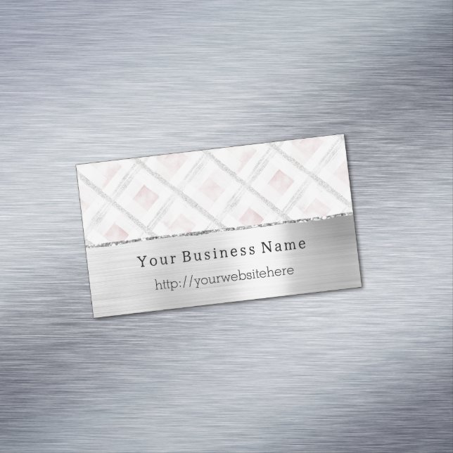 Silver Pink Glitzy Stripes Business name website Magnetische Visitenkarte (Beispiel)
