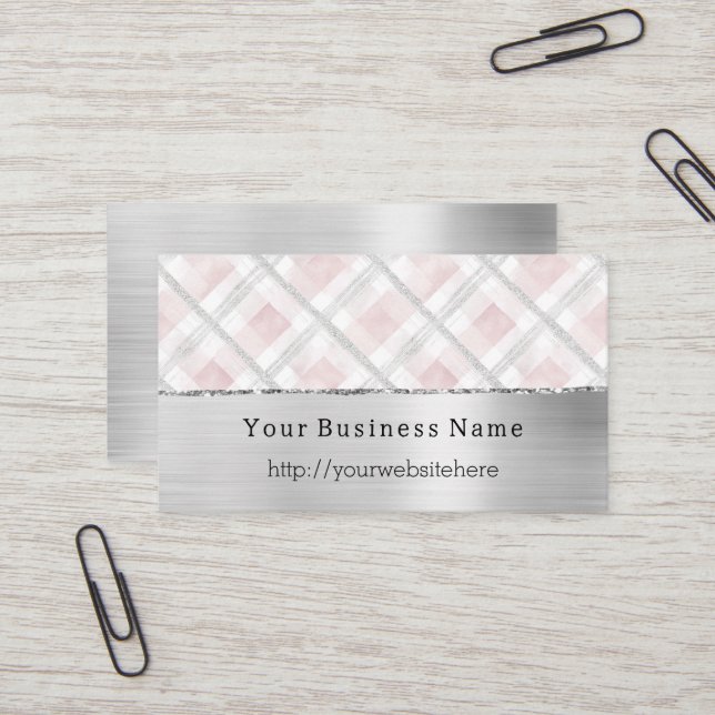 Silver Pink Glitzy Stripes Business name website Visitenkarte (Vorderseite/Rückseite Beispiel)
