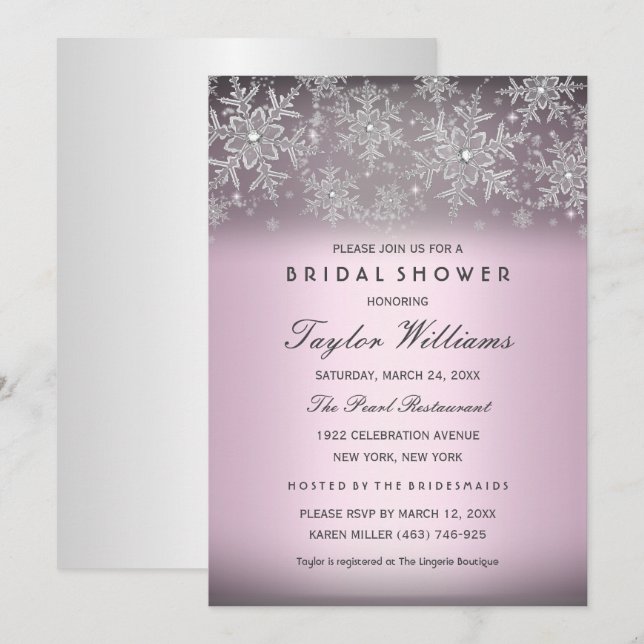 Silver Pink Jewel Snowflake Brautparty laden Einladung (Vorne/Hinten)