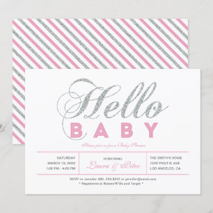 Silver & Pink   Mädchen, Chic typografische Babypa Einladung