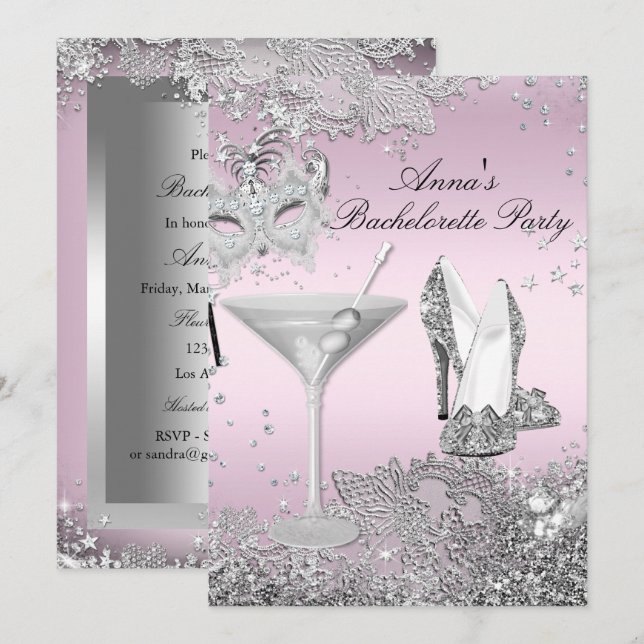 Silver Pink Mask & Jewel Lace Junggeselinnen-Absch Einladung (Vorne/Hinten)