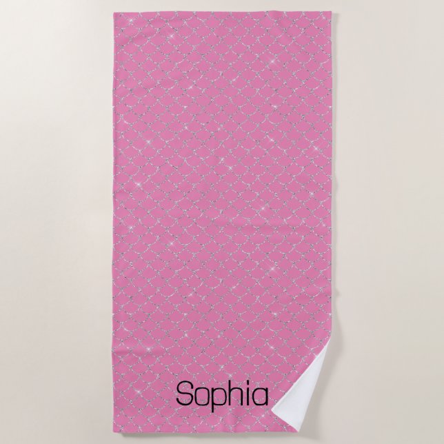 Silver Pink Mermaid Name Strandtuch (Vorderseite)