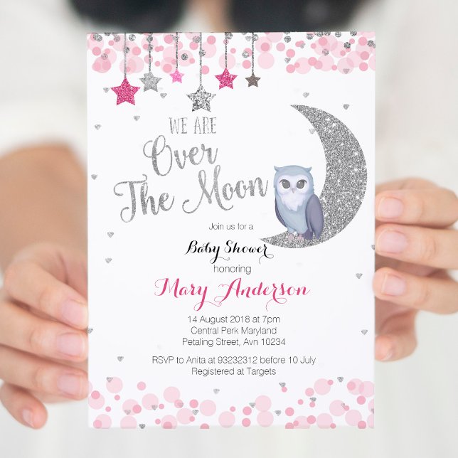 Silver Pink Owl Moon Babydusche Einladung (Von Creator hochgeladen)