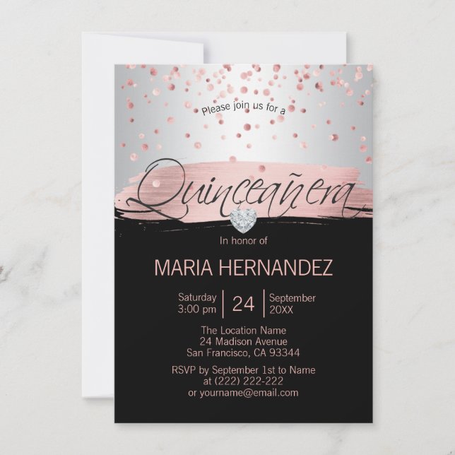 Silver Pink Rose Gold Foil Black QUINCEANERA 15 Einladung (Vorderseite)