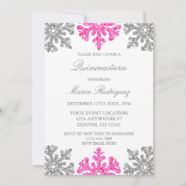 Silver Pink Snowflake Winter Quinceanera Einladung