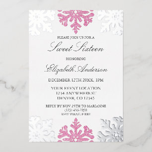 Silver Pink Snowflake Winter Sweet 16 Folieneinladung