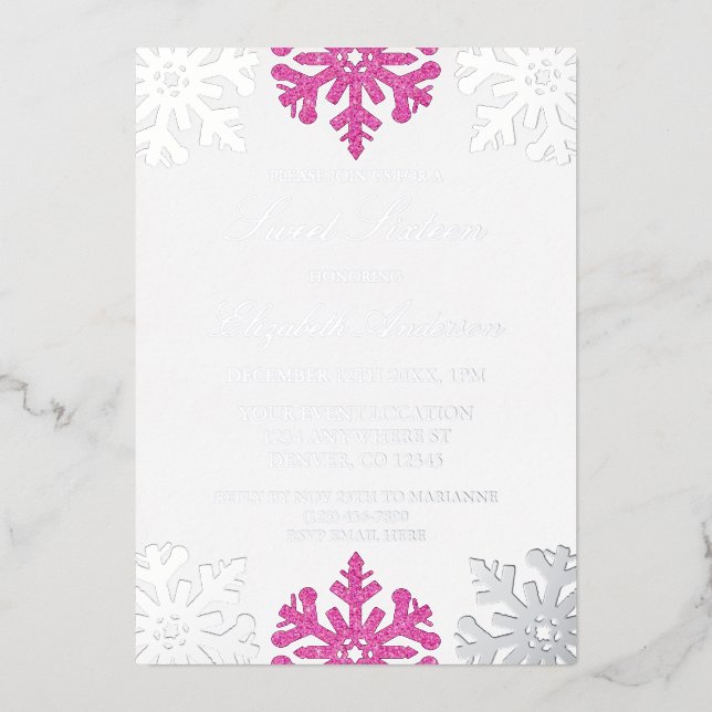 Silver Pink Snowflake Winter Sweet 16 Folieneinladung (Vorderseite)