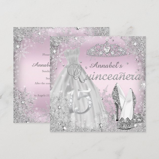 Silver Pink Sparkle Dress Tiara Quinceanera Einladung (Vorne/Hinten)