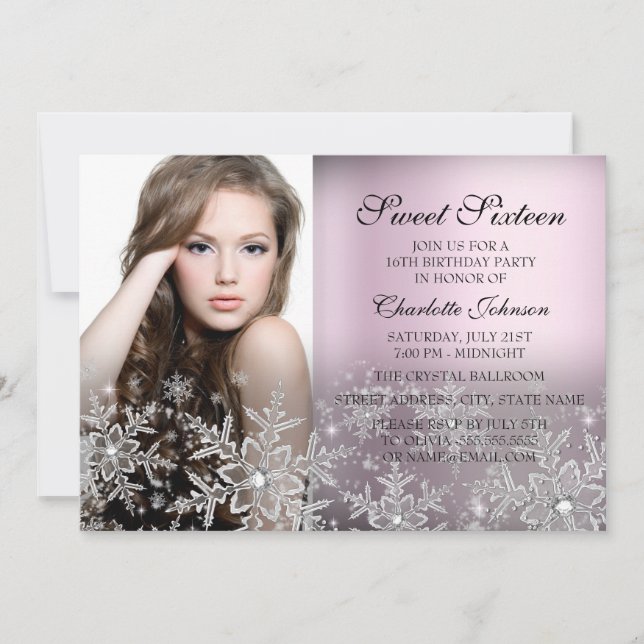 Silver Pink Sparkle Snowflake Foto Sweet 16 Einladung (Vorderseite)