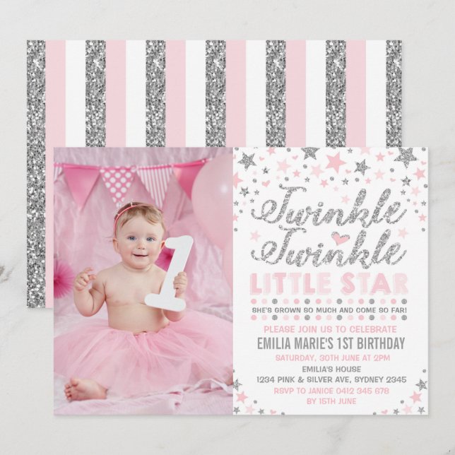 Silver & Pink Twinkle Little Star Birthday Einladu Einladung (Vorne/Hinten)