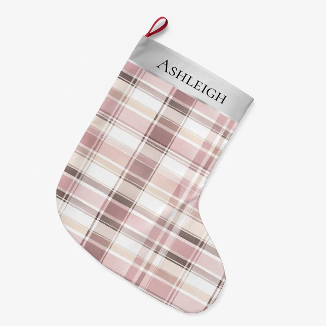 Silver Pink White Kariert Stripes Weihnachten Großer Weihnachtsstrumpf (Vorderansicht (hängend))