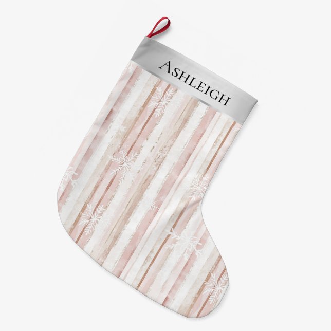Silver Pink White Snowflakes Strip Weihnachten Großer Weihnachtsstrumpf (Vorderansicht (hängend))
