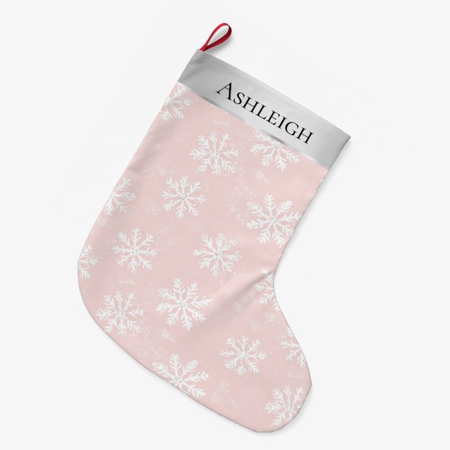 Silver Pink White Snowflakes Weihnachten Großer Weihnachtsstrumpf (Vorderansicht (hängend))